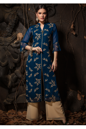 Blue Color Designer Georgette Straight Cut Kurti